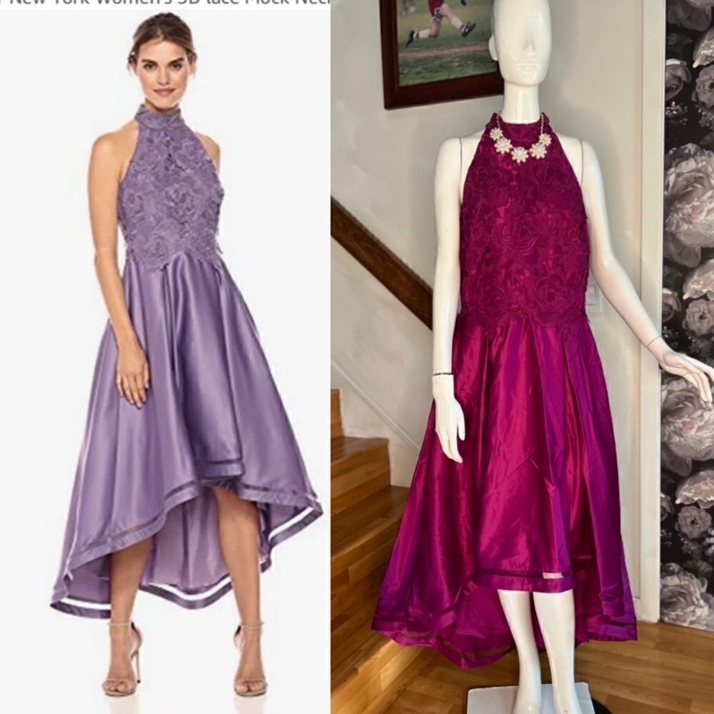 New Nicole Miller NY 3D lace mock neck high-low dress